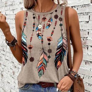 Ladies XXL Beige feather print tank shirt 10.00